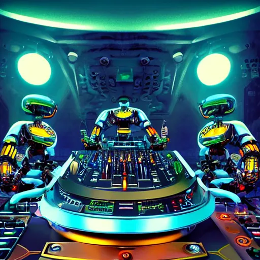 Image similar to album art, the band name is roborock, techno music, band with 3 steampunk futuristic robots on a dj desk with a cd mixer, 8 k, flourescent colors, halluzinogenic, multicolored, exaggerated detailed, front shot, 3 d render, octane