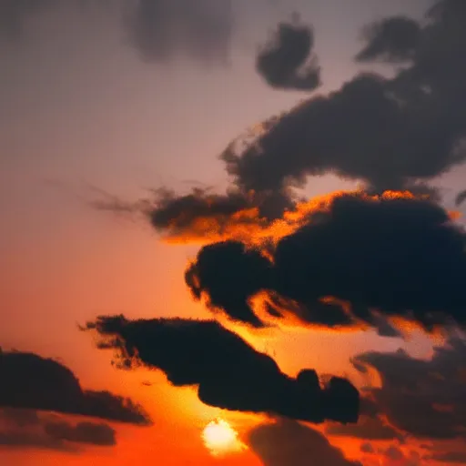 Image similar to a dark cloud shaped like a black miniature toy poodle's head, sunset realistic photo