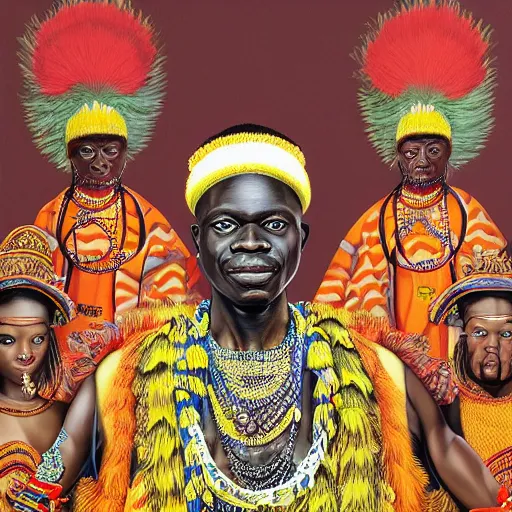 Image similar to highly detailed painting of the oba of benin surrounded by masquerades, fantasy, 8 k, realistic, symmetrical, digital illustration, in the style of kehinde wiley, artem demura