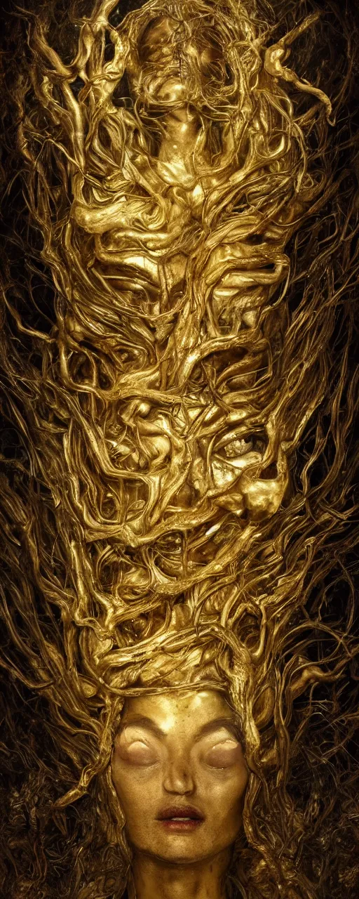 Prompt: Photo portrait of a surreal god floating in the middle of a ancient wood, gold fluid simulation in the background, ultra super good realistic 3D render by Pete Morbacher and Emil Melmoth, insanely detailed, trending on artstation, sharp focus