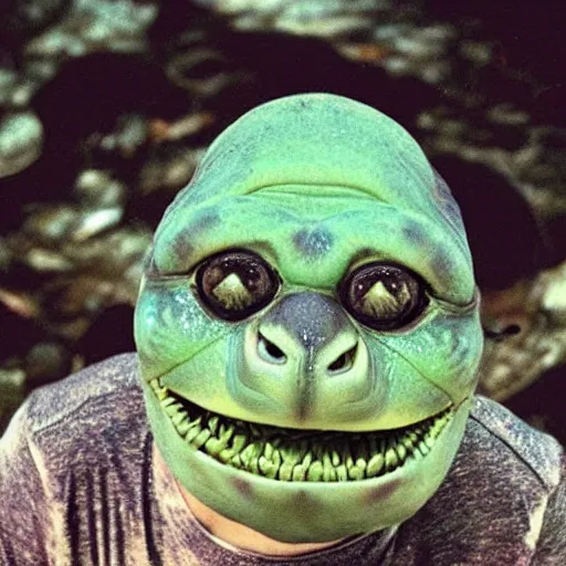 Prompt: photo of a terrifying turtle with a nightmarish disfigured face, creepy eyes and mouth, nightmare fuel, creepypasta