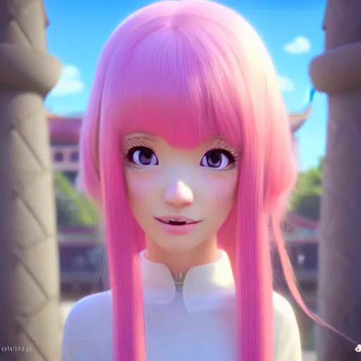 Image similar to A portrait of Nikki from Shining Nikki and Love Nikki, a cute 3d cgi toon young woman with long light pink hair, full bangs, hazel eyes, full round face, light makeup, pale skin, Chinese heritage, in the center midground, medium shot, mid-shot, hyperdetailed, 8k, trending on artstation, as a Pixar character