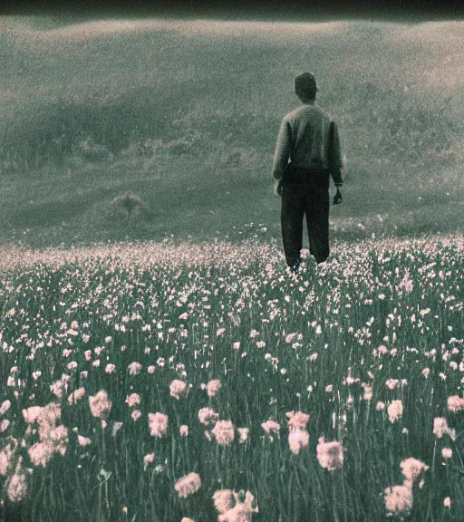 Image similar to mystical dark death god standing in tall meadow of flowers, distant, vintage film photo, grainy, high detail, high resolution