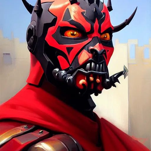 Image similar to greg manchess portrait painting of armored darth maul as overwatch character, medium shot, asymmetrical, profile picture, organic painting, sunny day, matte painting, bold shapes, hard edges, street art, trending on artstation, by huang guangjian and gil elvgren and sachin teng