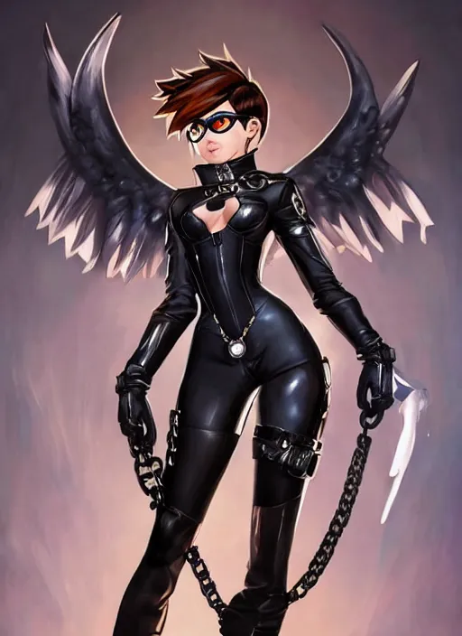 Prompt: full body artwork of tracer overwatch, wearing black latex outfit, in style of mark arian, angel wings, dramatic painting, wearing detailed leather collar with chain, black shiny armor, chains, black harness, detailed face and eyes,