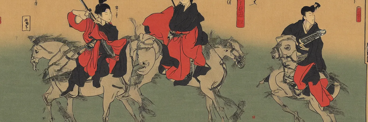 Image similar to Jedi riding on horseback with a lightsaber, rice paddy, ukiyo-e painting