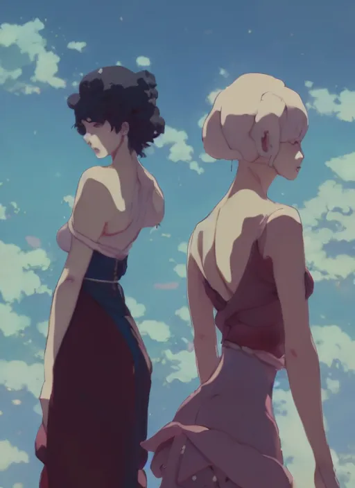 Image similar to two volupous woman standing back to back in villa, illustration concept art anime key visual trending pixiv fanbox by wlop and greg rutkowski and makoto shinkai and studio ghibli