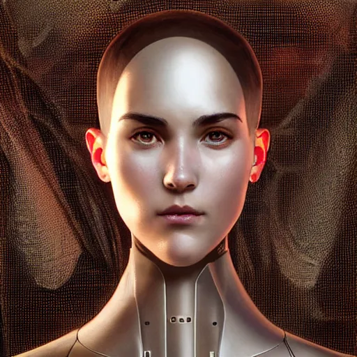 Image similar to headshot of humanoid robot from ex machina, intricate, highly detailed, digital painting, artstation, concept art, sharp focus, cinematic lighting, illustration, art by artgerm and greg rutkowski, alphonse mucha, cgsociety