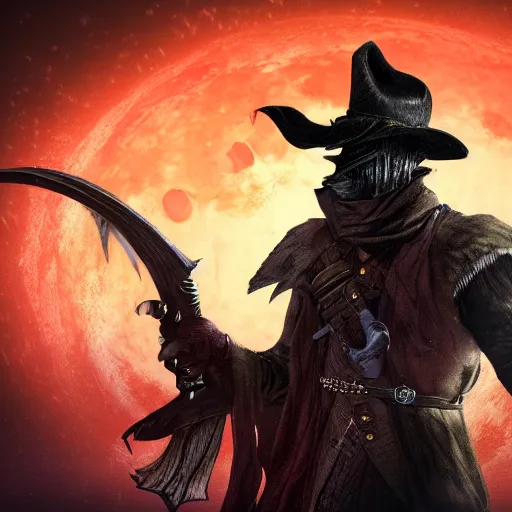 Image similar to an ultradetailed 3 d illustration of the hunter from bloodborne dressed as darkwing duck, let's get dangerous, in the style animation of darkwing duck, digital art, dark fantasy, concept art, soulslike, by alphonse mucha, blood moon eclipse, ominous night mist, unreal engine, octane render, artstation, 8 k