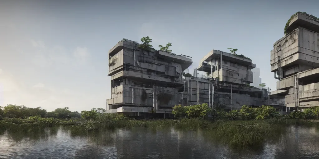 Prompt: an extremely detailed building, ultra modern brutalist architecture, streetscapes, surrounded by lush green forest and murky ponds of water, stunning volumetric lighting, sunset, rusted steel, smooth solid concrete, stunning skies, trending on Artstation, 8k, photorealistic, hyper detailed, unreal engine 5, IMAX quality, cinematic, epic lighting, in the style of the game DOOM, by Greg Rutkowski