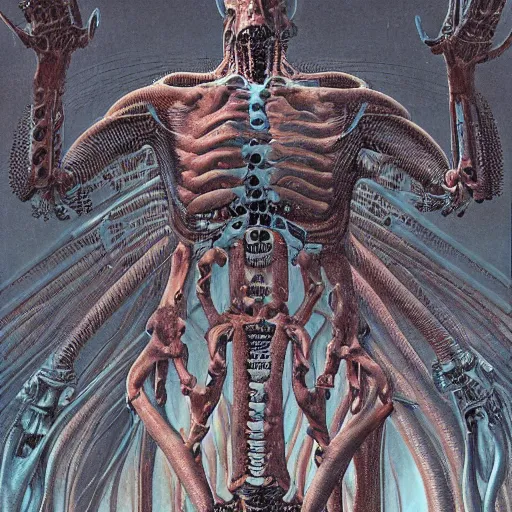 Prompt: biomechanical human raising his hands into the sky of the machine by wayne barlowe