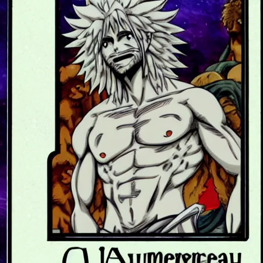 Image similar to official hunter x hunter card with picture of a white skinned armenian with a big jaw and a hairy chest