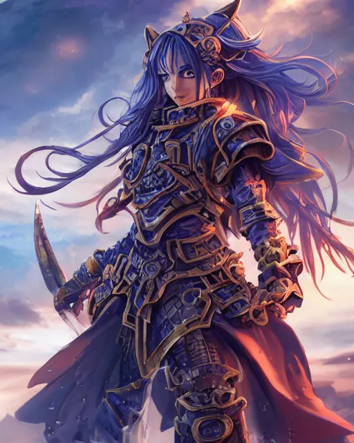 Image similar to An anime portrait of a beautiful D&D half-orc female with long wavy dark blue hair, bright orange eyes, intricate full body armour, fantasy soldier, by Stanley Artgerm Lau, WLOP, Rossdraws, James Jean, Andrei Riabovitchev, Marc Simonetti, and Sakimichan, highly detailed, ultra detailed, golden hour, trending on artstation, cgstudio