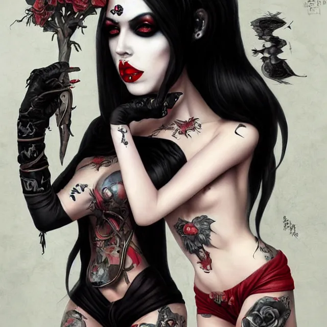 Image similar to two beautiful goth girls fighting slavery cosplay with black hair in fully tattooed body and clothes fully on, big red lips, black eye makeup, art by gennady ulybin and wlop and stanley lau and artgem and magali villeneuve and karol bak, trending on artstation