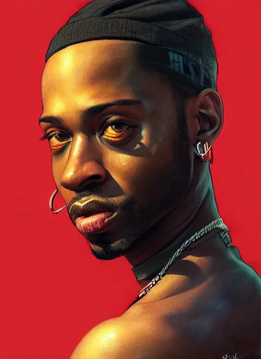 Prompt: a detailed painted portrait of an 9 0's era hiphop artist by artist hadi karimi, wlop, artgerm, greg rutkowski, confident expression, dramatic lowkey studio lighting, accurate skin textures, hyperrealism, cgsociety, aesthetically pleasing and harmonious vintage colors