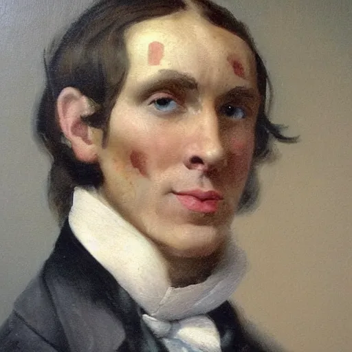 Image similar to An early 1800s oil painting of Jerma985 in the early 1800s, grainy, realistic, very realistic, hyperrealistic, highly detailed, very detailed, extremely detailed, very neat, very epic, very cool, detailed, trending on artstation