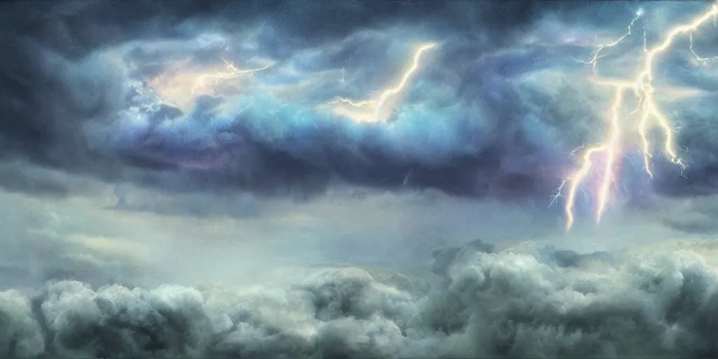 Prompt: a raging storm over a meadow with lightning ripping open an iridescent portal to blue skies behind <manipulation software=photoshop>Storm from X-Men flying in the clouds</manipulation>, illustration, detailed, smooth, soft, warm, by Adolf Lachman, Shaun Tan, Surrealism