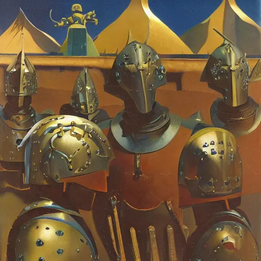 Prompt: a painting of shining metal medieval armors soldiers by bruce pennington nicholas roerich, by frank frazetta, by amazon, by georgia o keeffe, reflective metallic