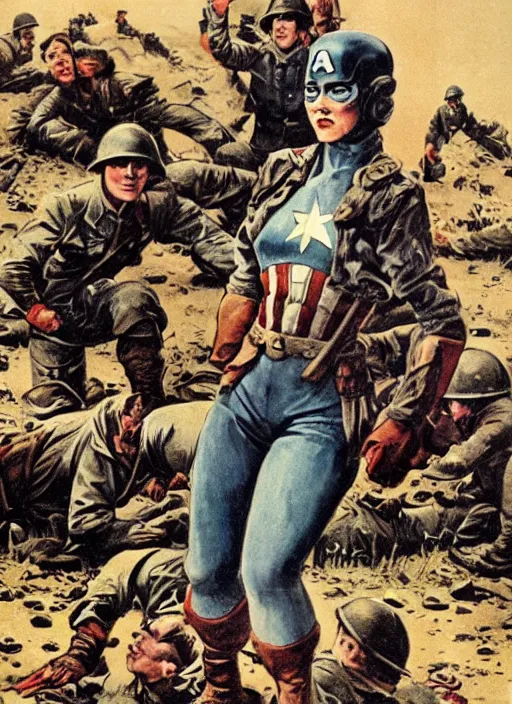 Prompt: female captain america standing on a pile of defeated and broken german soldiers. wwii american propaganda poster by james gurney
