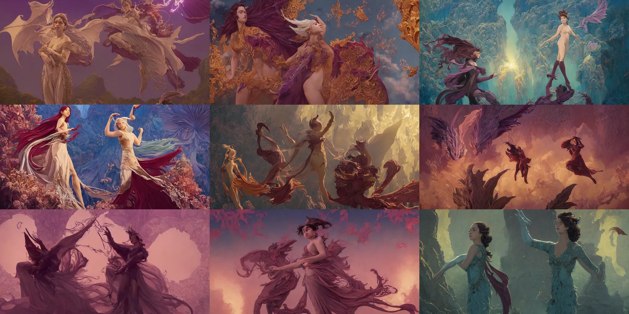 Prompt: Cinematic stills from the Netflix original series Arcane and Dragon Prince crossover, full-body, bloom, dynamic poses, diaphanous cloth, intricate crystalline and feather jewelry, ornate, filigree, arcane, cinematic lighting, by WLOP!!!!, by James Gurney!!!, Maxfield Parrish!!, portfolio illustration, highly detailed, trending on Artstation, CGsociety, HQ, 8k, 35mm lens, f2.8, Bokeh,