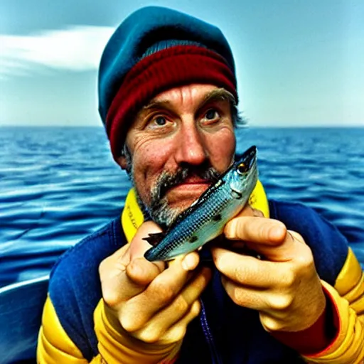 Prompt: photograph of steve zissou holding out a sardine for the loch ness monster, long shot