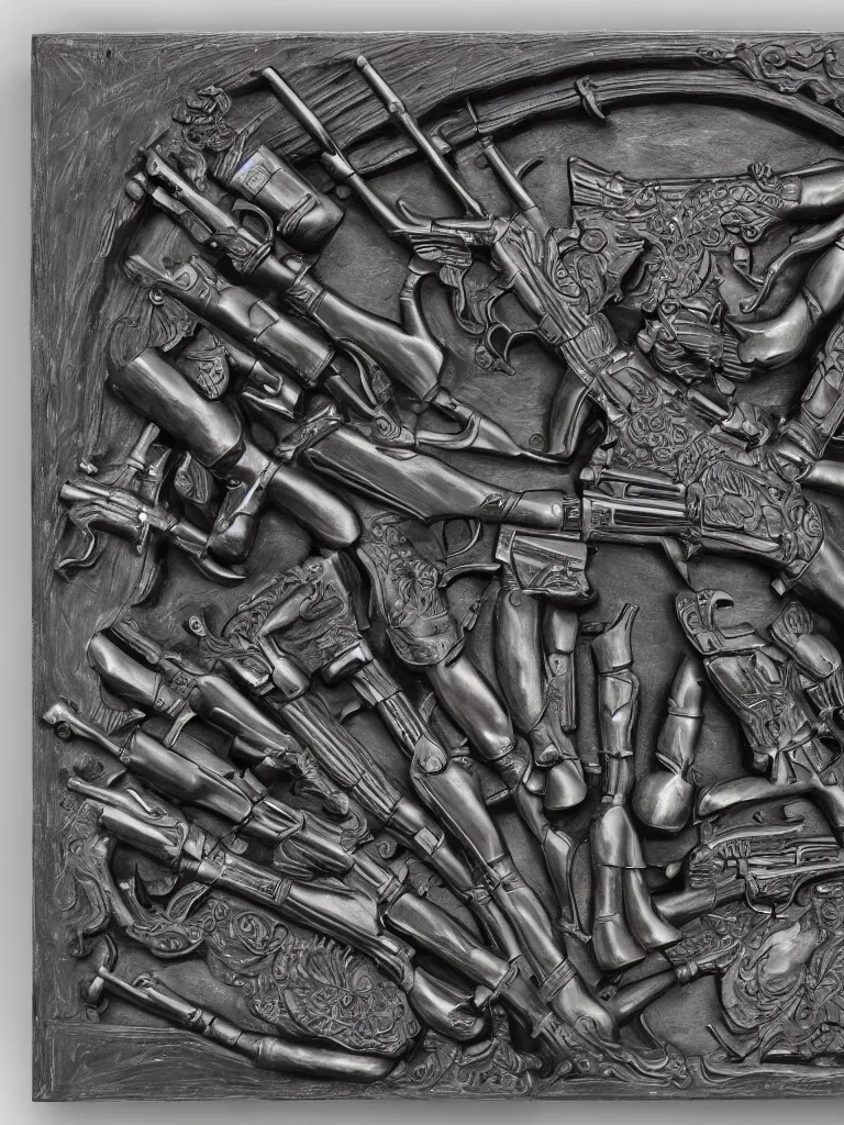 Image similar to relief sculpture carving in black cast iron steel of machine guns shotguns rifles revolvers bullets,dark contrast, dynamic lighting, ultrarealistic, intricate details, 4k