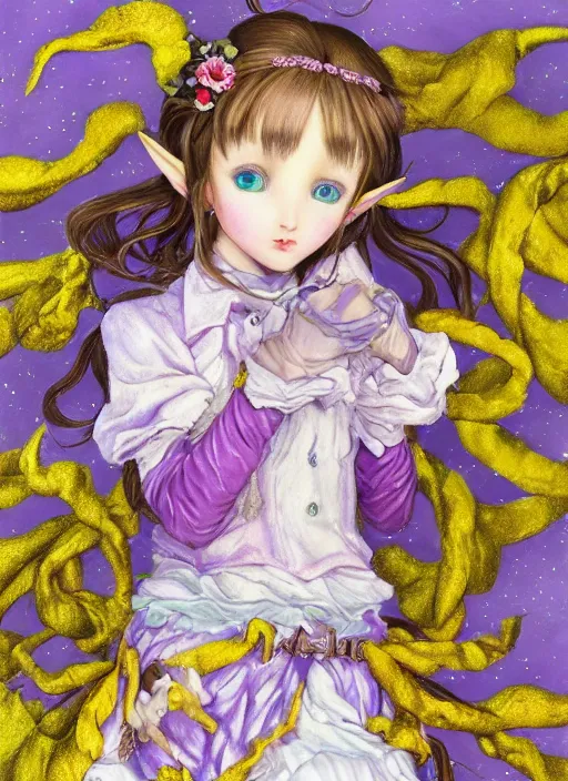 Image similar to little elf girl, santa claus suit, soft hair. light color palate, purple, yellow and white. detailed soft painting, ayami kojima, made in abyss, anatomically correct, inspired in balthus, high detailed face anime, vogue magazine, glorious composition, mobile wallpaper