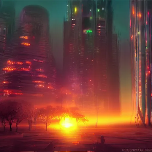 Image similar to beautiful sunrise in dreamscape cyberpunk arstation