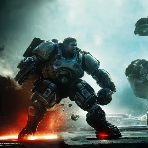 Image similar to killer robots in gears of war, splash art, movie still, cinematic lighting, ray tracing, octane render, long lens, shallow depth of field, bokeh, anamorphic lens flare, 8 k, hyper detailed, 3 5 mm film grain