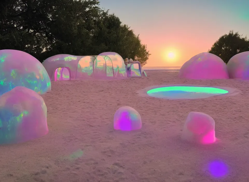Prompt: a pastel coloured vintage family holiday photo of an empty beach from an alien dreamstate world with chalky pink iridescent!! sand, reflective lavender ocean water, dim bioluminescent plant life and an igloo shaped shiny plastic transparent bike park and outdoor gymnasium. glare. refraction, volumetric light.