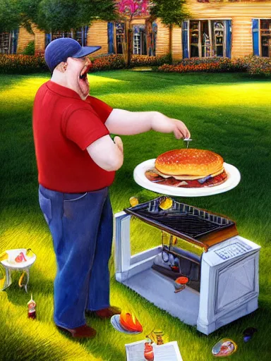 Image similar to a happy middle aged man, fliping burgers in the grill on the lawn. intricate, elegant, highly detailed, digital painting, artstation, concept art, sharp focus, illustration, by justin gerard and artgerm, 8 k