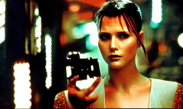 Image similar to full - color cinematic movie still from the 1 9 8 2 film blade runner depicting a very - attractive female police technician conducting the voight - kampff test. science - fiction ; gritty ; dystopian ; detective mystery. detailed facial - features.