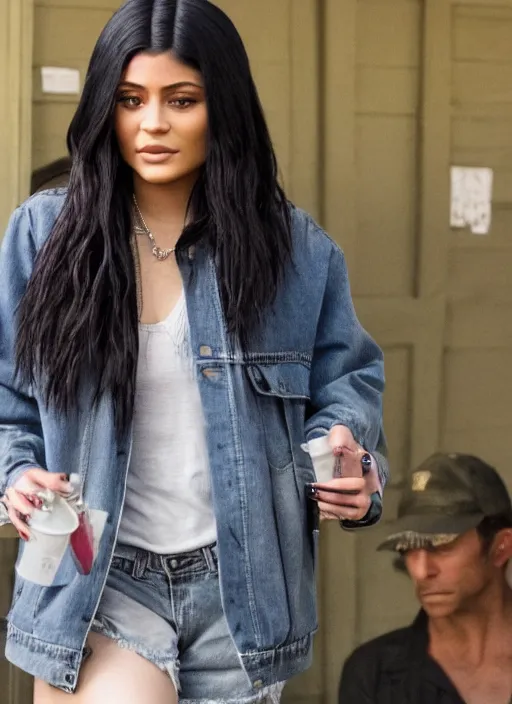 Image similar to film still of kylie Jenner as Frank Gallagher on shameless