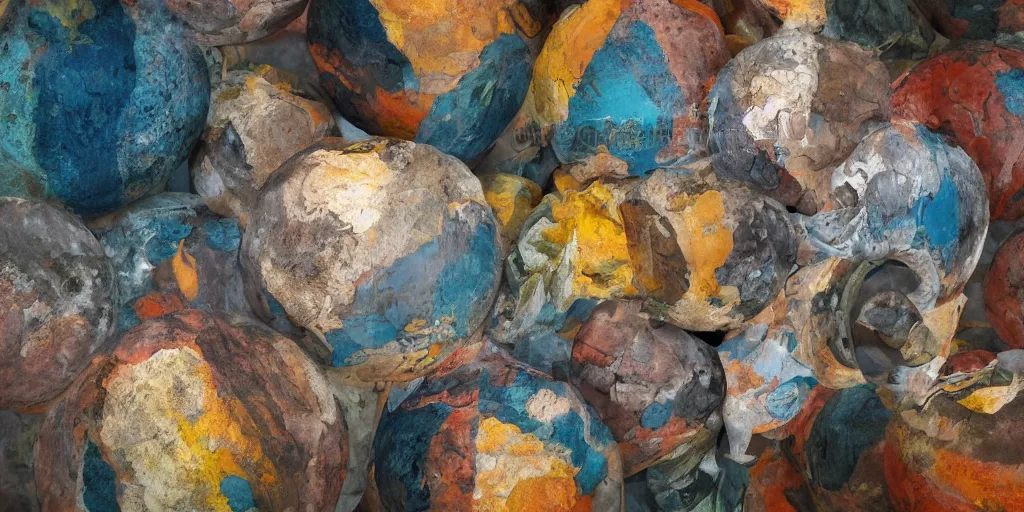 Image similar to 3 6 0 panorama escher style pattern of colorful balls, sculpture in the ancient greek style with the texture of old rust and a beautiful gradient from the upper right corner to the lower left corner