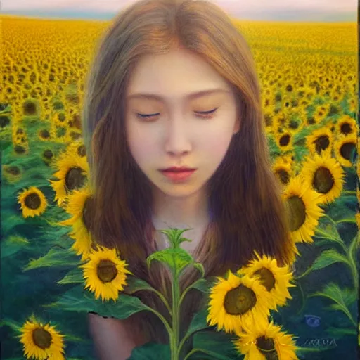 Image similar to a dreamy vision of girl levitating over amazing tall sunflower field, hair flowing, fog, early morning lightning, subtle, intricate details, real masterpiece, oil on canvas, by somsak anong