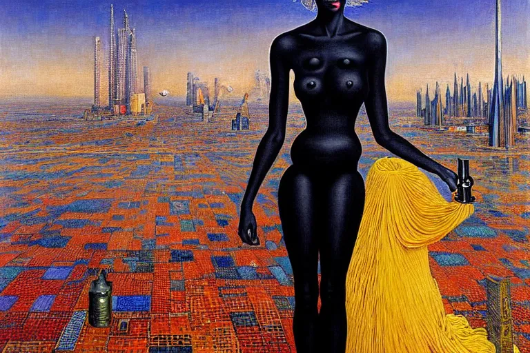 Image similar to realistic extremely detailed portrait painting of a beautiful black woman with in a dress a robot, city street on background by Jean Delville, Amano, Yves Tanguy, Ilya Repin, William Holman Hunt, Ernst Haeckel, Edward Robert Hughes, Roger Dean, rich moody colours