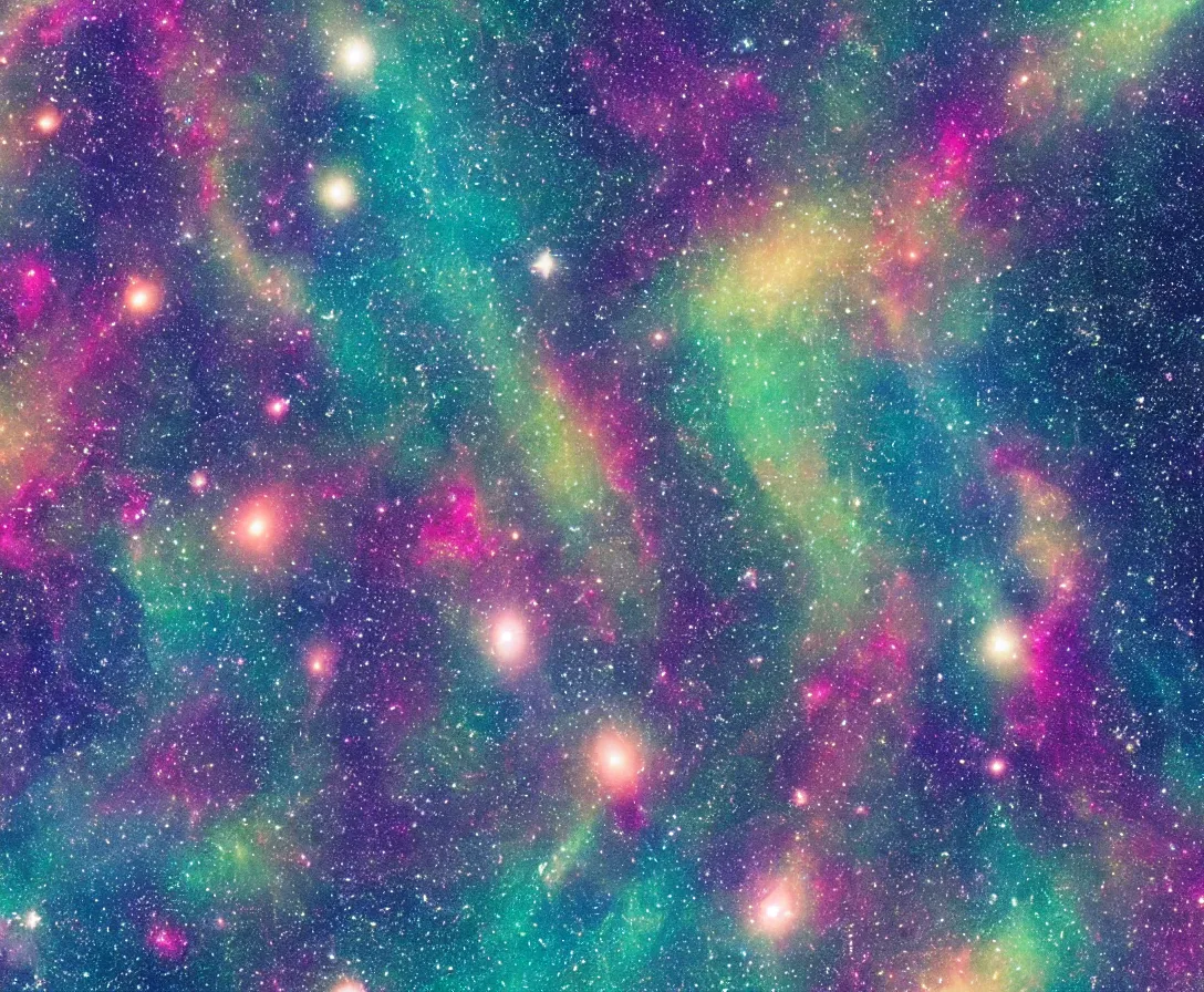 Image similar to whales swimming in space, colorful galaxy