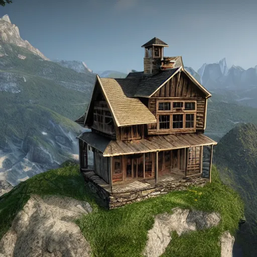 Prompt: house on the top of mountain island, unreal engine, high detail, realism, award winning, detailed lighting