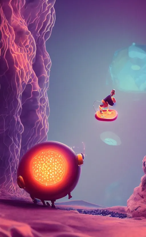 Prompt: tiny skateboard, volcano, floating, rbc, radiolaria, protophyta, micro - organisms, center frame, symmetric, rim light, marine microbiology, bioluminescence, electric, fur, soft, concept art, intricate details, highly detailed, colorful, photorealistic, disney pixar, octane render, iridescent, anime, 8 k