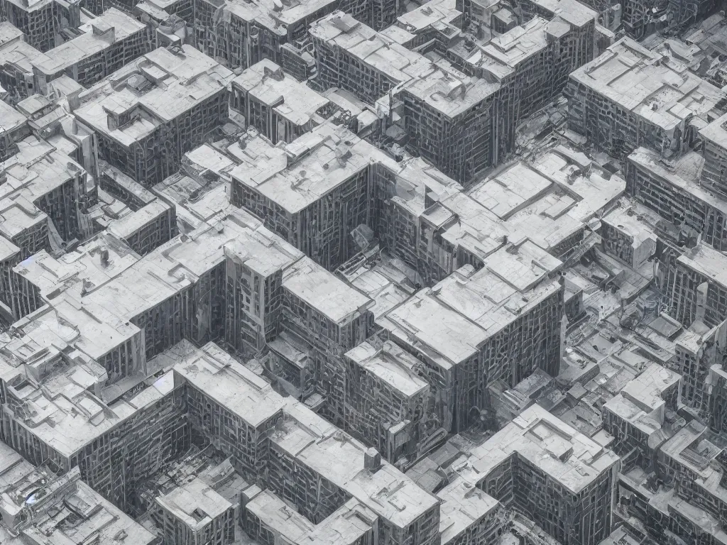 Image similar to drone view of a Brutalist concrete architecture, sharp focus, detailed architecture, telephoto lens, photorealism, digital art 4k