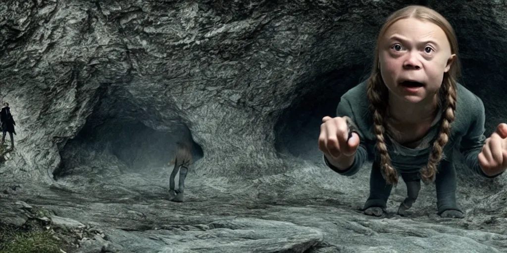 Prompt: greta thunberg as gollum, holding the ring up, inside a cave, fog, cinematic, still shot from the new lord of the rings movie