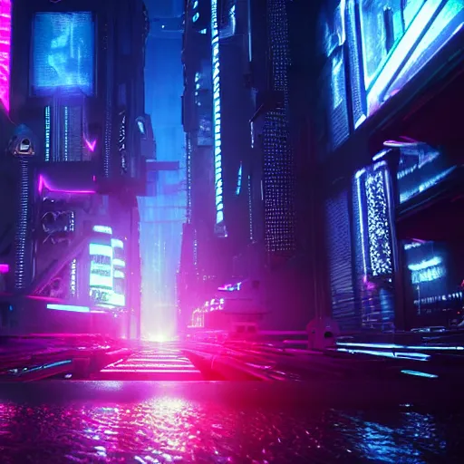 Image similar to « glowing neon lights, sunrise, cyberpunk, alita battle angel, blade runner,, cold, clouds, far view, photorealistic, unreal engine 5, sharp focus »