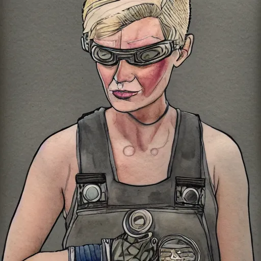 Prompt: detailed colorful watercolor of square - jawed emotionless serious blonde woman starship engineer, tribal tattoos, handsome, short slicked - back hair, sweating, uncomfortable and anxious, looking distracted and awkward, wearing victorian dark goggles, dirty white tank top, cargo pants, and gloves, small spacecraft in background, highly detailed, david mack, trending on artstation