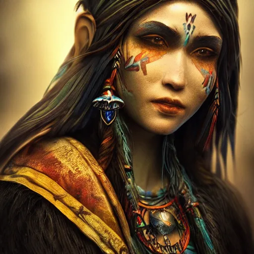 Prompt: a female shaman profile picture, concept art, high resolution and detail, photorealistic, cinematic, amazing, inspiring, attractive, full body shot