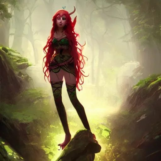 Prompt: a beautiful elf Druid girl with red hair and glowing green eyes , trending on ArtStation , concept art by greg rutkowski w--n 4