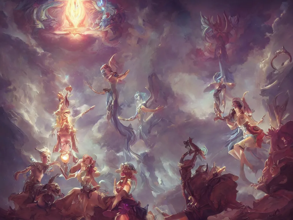 Image similar to angelical time keepers performing a ritual of planetary sacrifice, emotional, fantastic, stars, detailed, digital art, artstation by peter mohrbacher and artgerm, league of legends splash art