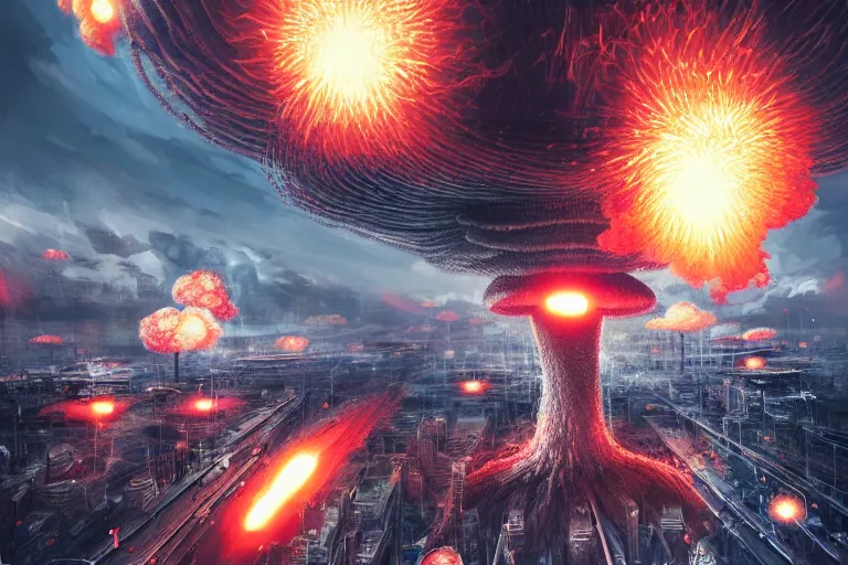 Prompt: hyper detailed mushroom! clouds! explosions formed by h - bombs! detonations in the middle of tokyo, raising between the buildings, highly detailed, concept art, smooth, sharp focus, modern war photography, awarded photography, futuristic style, popular on artstation, unreal engine, drone shot, nvidia graphics,.