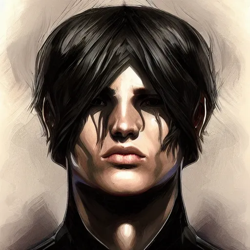 Image similar to character concept, full body, symmetrical, young man with black clothes. detailed, high quality, scnenematic, dynamic dark lightning, fantasy, scenematic. artwork by artgerm, wlop, alex ross, greg rutknowski, alphonse mucha