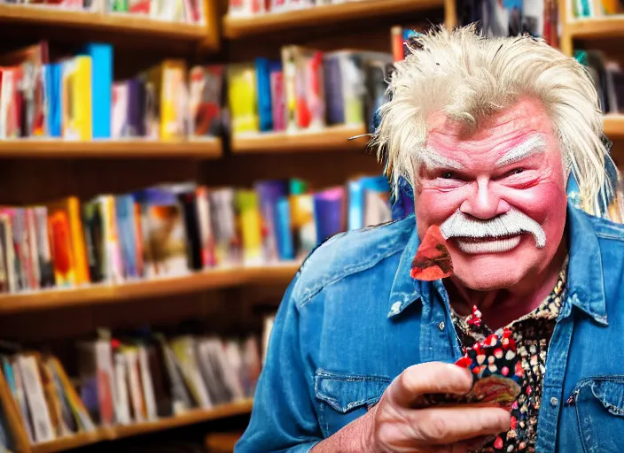 Prompt: photo still of rip taylor at a library people reading!!!!!!!! at age 5 4 years old 5 4 years of age!!!!!!! throwing confetti from a bucket, 8 k, 8 5 mm f 1. 8, studio lighting, rim light, right side key light