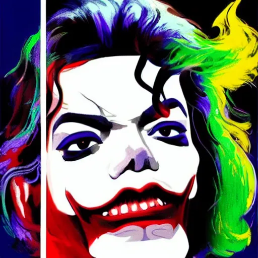 Prompt: michael jackson as the joker laugh on camera. symmetrical anatomy, hyperdetailed, coloured comic, baroque, pop art style, fantasy, without duplication, art by ilya kuvshinov and andy warhol and vinicius gud and gustavo zambelli, intricate, trending artstation, dribble popular.